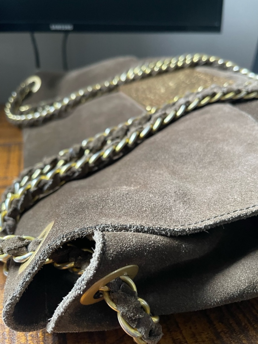 Uterque | Oversized Olive-Brown Suede Chain Slouchy Baguette Style Shoulder Bag